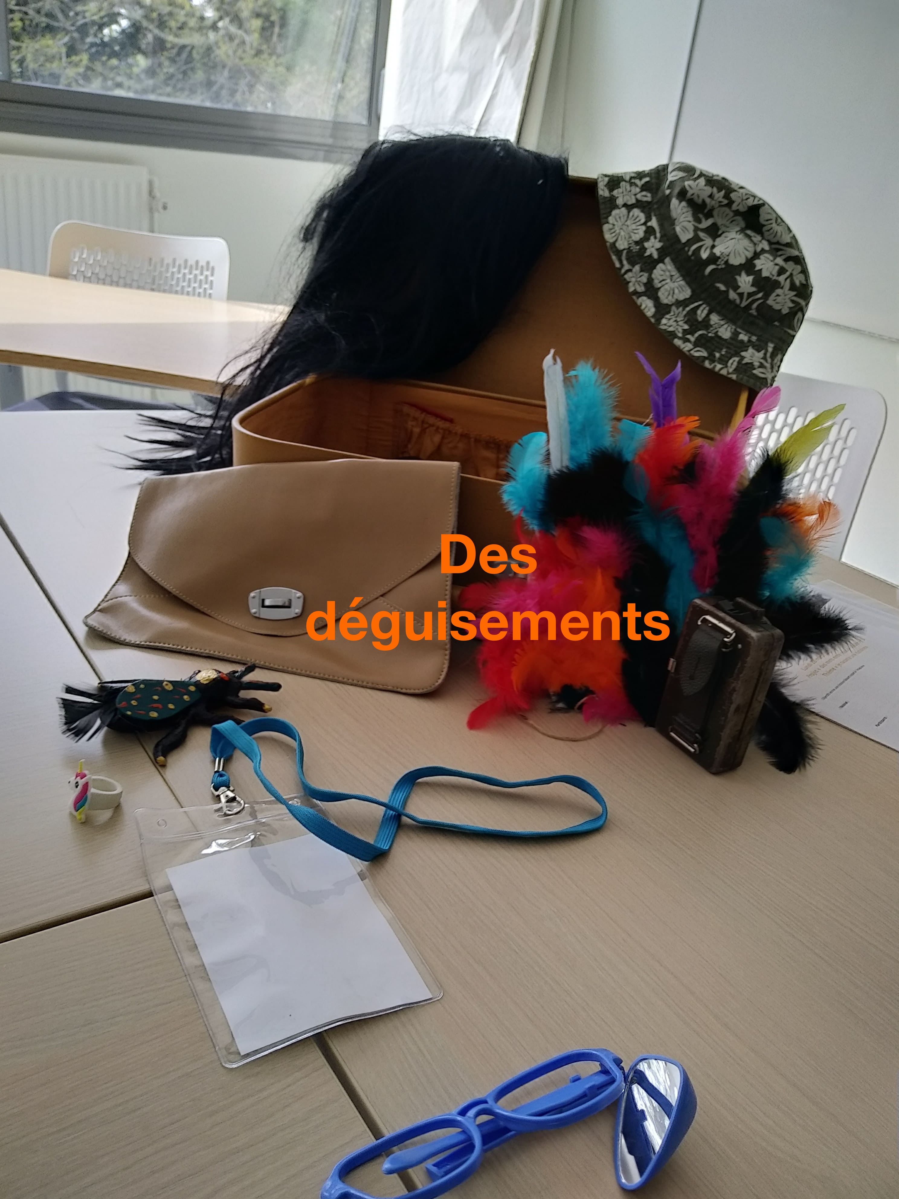 sac, chapeau, perruque, plumes posés sur une table